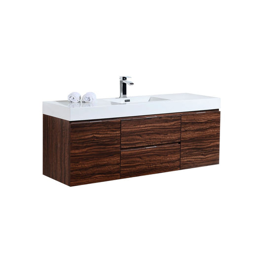 Bliss 60" Walnut Wall Mount  Single Sink Modern Bathroom Vanity