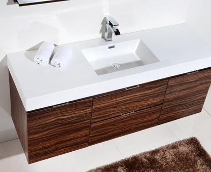 Bliss 60" Walnut Wall Mount  Single Sink Modern Bathroom Vanity
