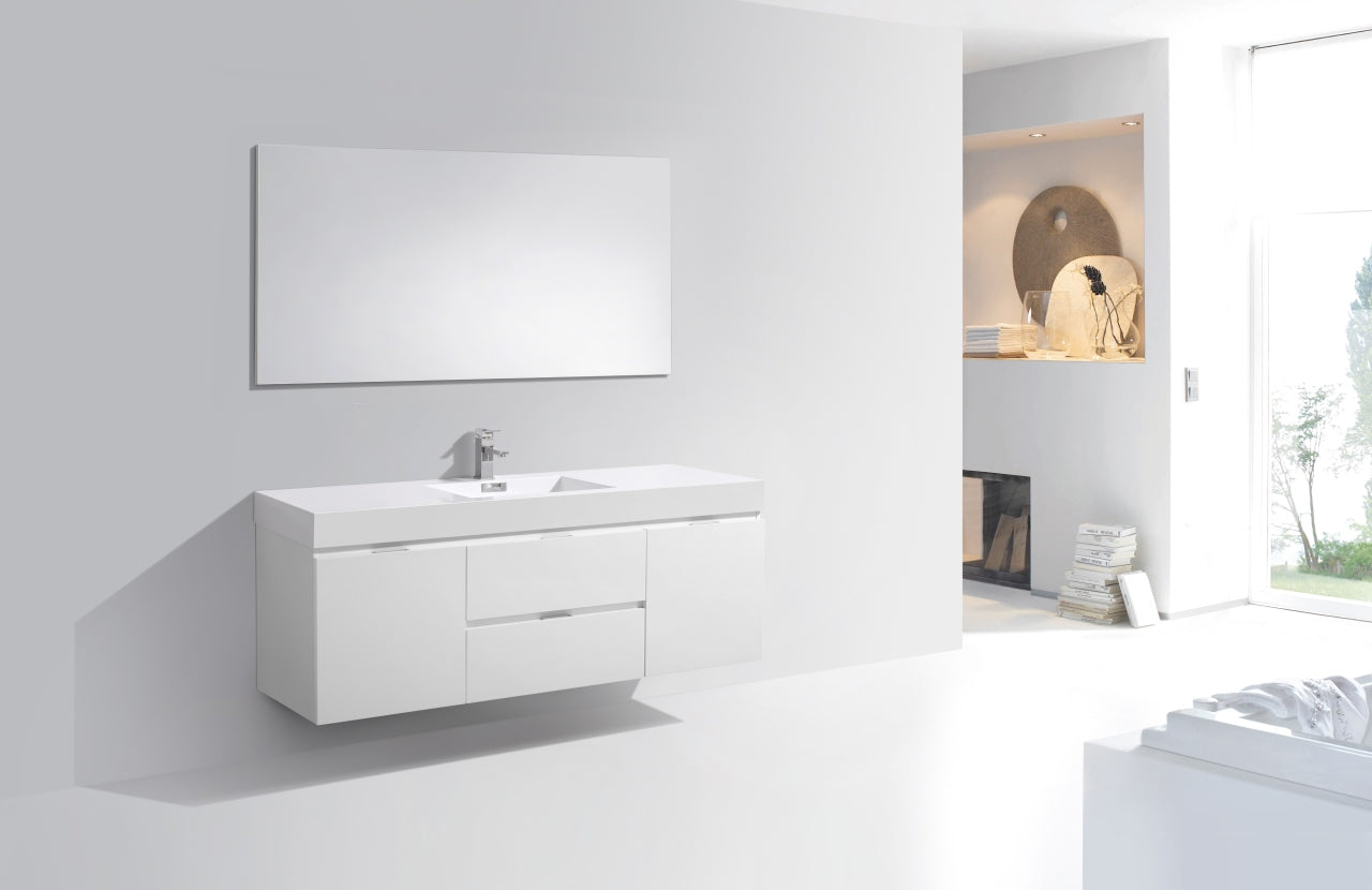 Bliss 60" Gloss White Wall Mount  Single Sink Modern Bathroom Vanity