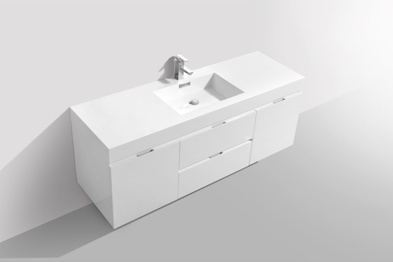 Bliss 60" Gloss White Wall Mount  Single Sink Modern Bathroom Vanity
