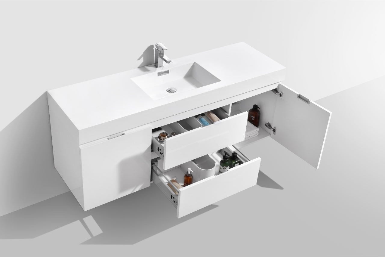 Bliss 60" Gloss White Wall Mount  Single Sink Modern Bathroom Vanity