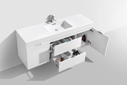 Bliss 60" Gloss White Wall Mount  Single Sink Modern Bathroom Vanity