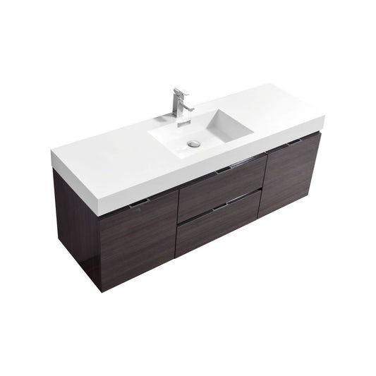 Bliss 60" High Gloss Gray Oak Wall Mount  Single Sink Modern Bathroom Vanity Included Matching Mirror Or Side Cabinet