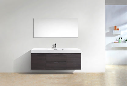 Bliss 60" High Gloss Gray Oak Wall Mount  Single Sink Modern Bathroom Vanity Included Matching Mirror Or Side Cabinet