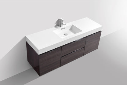 Bliss 60" High Gloss Gray Oak Wall Mount  Single Sink Modern Bathroom Vanity Included Matching Mirror Or Side Cabinet