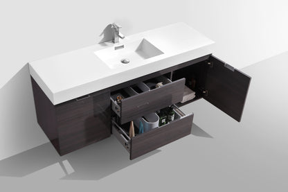 Bliss 60" High Gloss Gray Oak Wall Mount  Single Sink Modern Bathroom Vanity Included Matching Mirror Or Side Cabinet