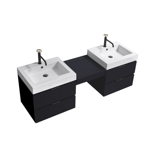 Bliss 68" Black Wood Wall Mount Double Sink Modern Bathroom Vanity