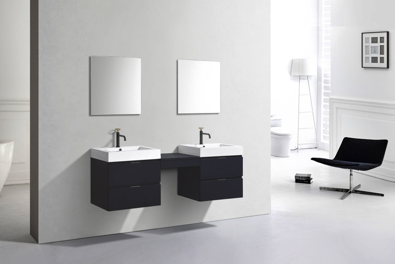 Bliss 68" Black Wood Wall Mount Double Sink Modern Bathroom Vanity