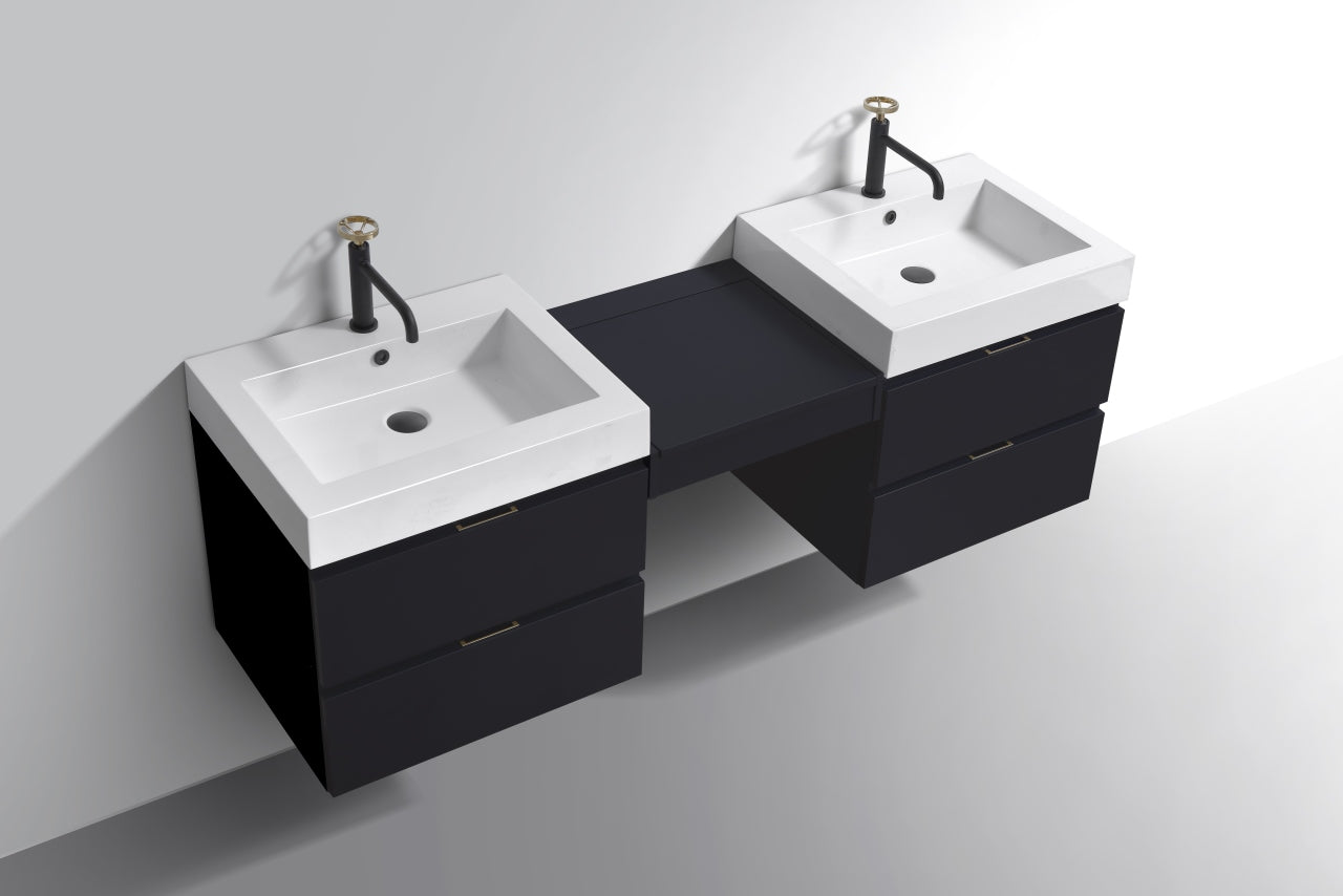 Bliss 68" Black Wood Wall Mount Double Sink Modern Bathroom Vanity