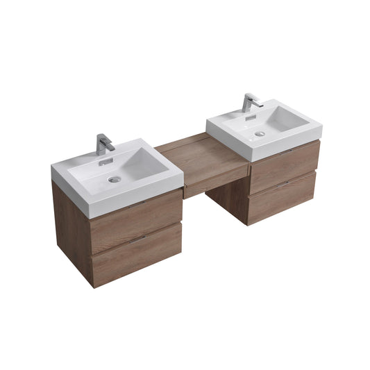 Bliss 68" Butternut Wood Wall Mount Double Sink Modern Bathroom Vanity
