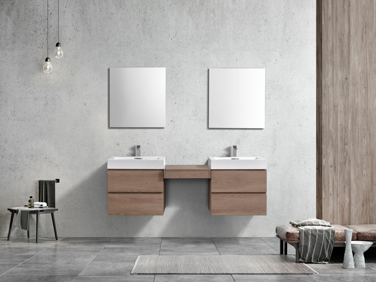 Bliss 68" Butternut Wood Wall Mount Double Sink Modern Bathroom Vanity