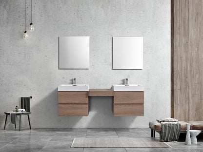 Bliss 68" Butternut Wood Wall Mount Double Sink Modern Bathroom Vanity