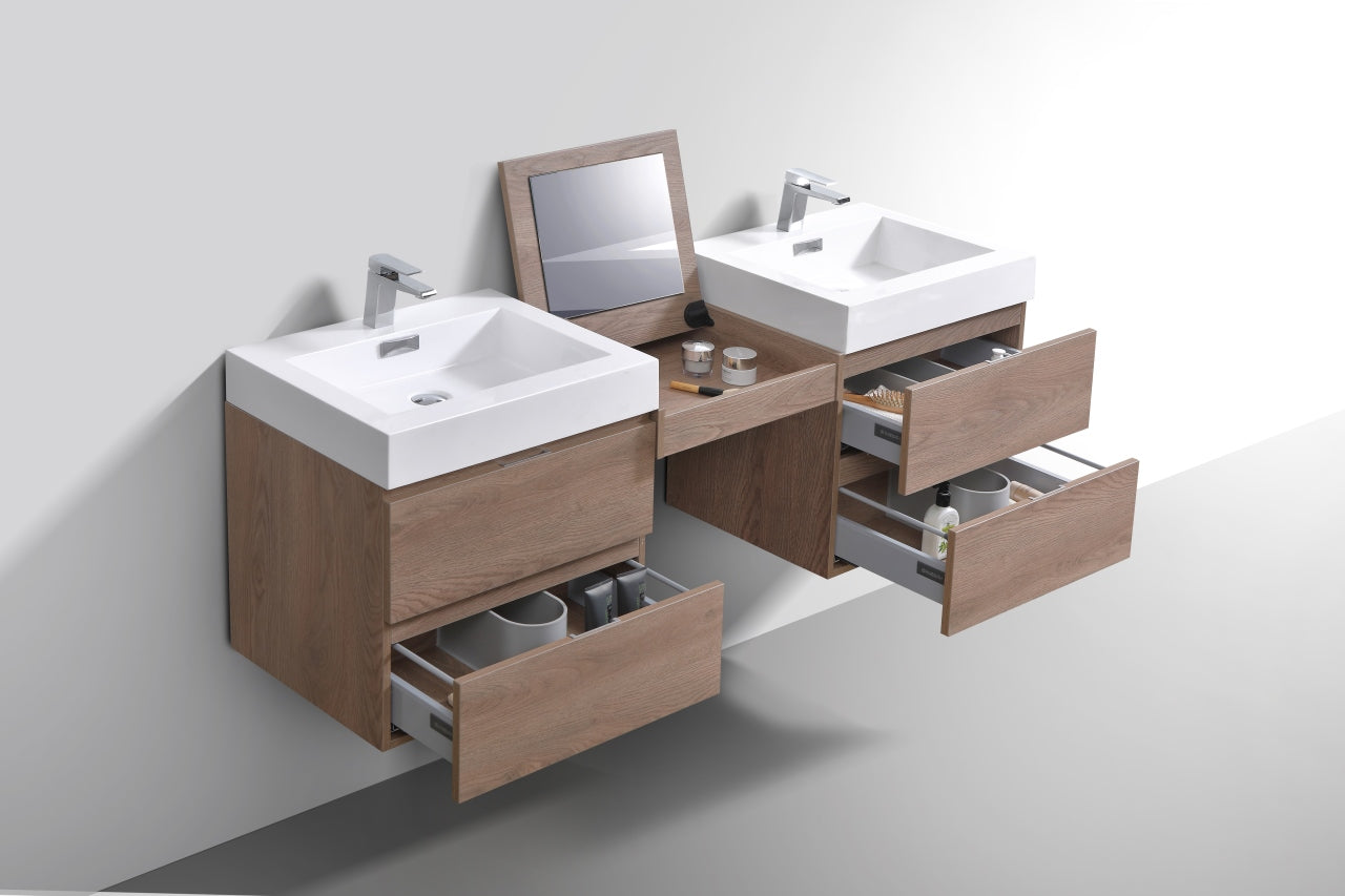Bliss 68" Butternut Wood Wall Mount Double Sink Modern Bathroom Vanity