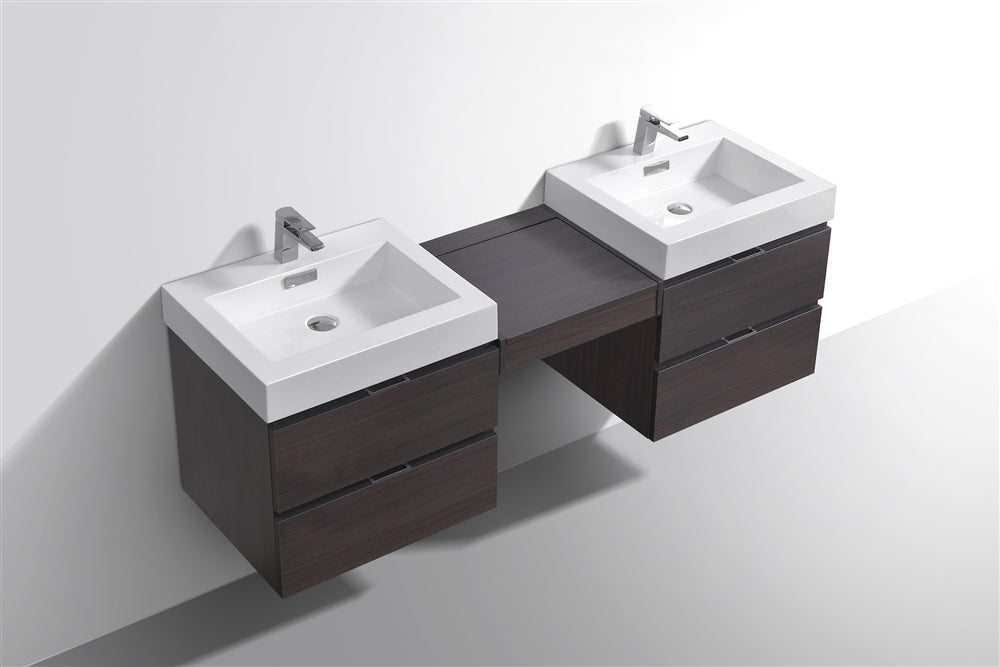 Bliss 68" Gray Oak Wood Wall Mount Double Sink Modern Bathroom Vanity