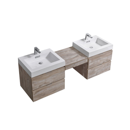 Bliss 68" Nature Wood Wall Mount Double Sink Modern Bathroom Vanity