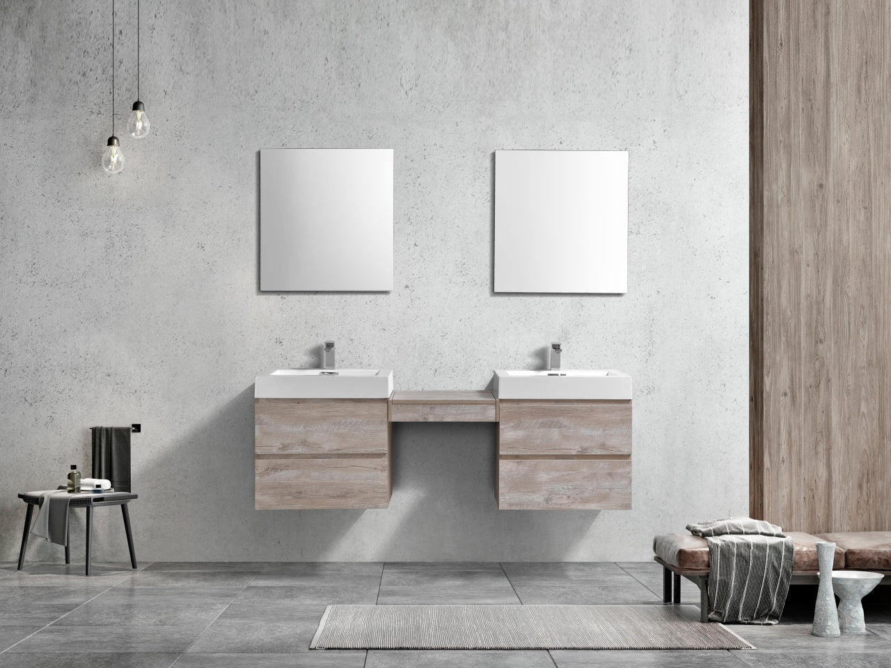 Bliss 68" Nature Wood Wall Mount Double Sink Modern Bathroom Vanity