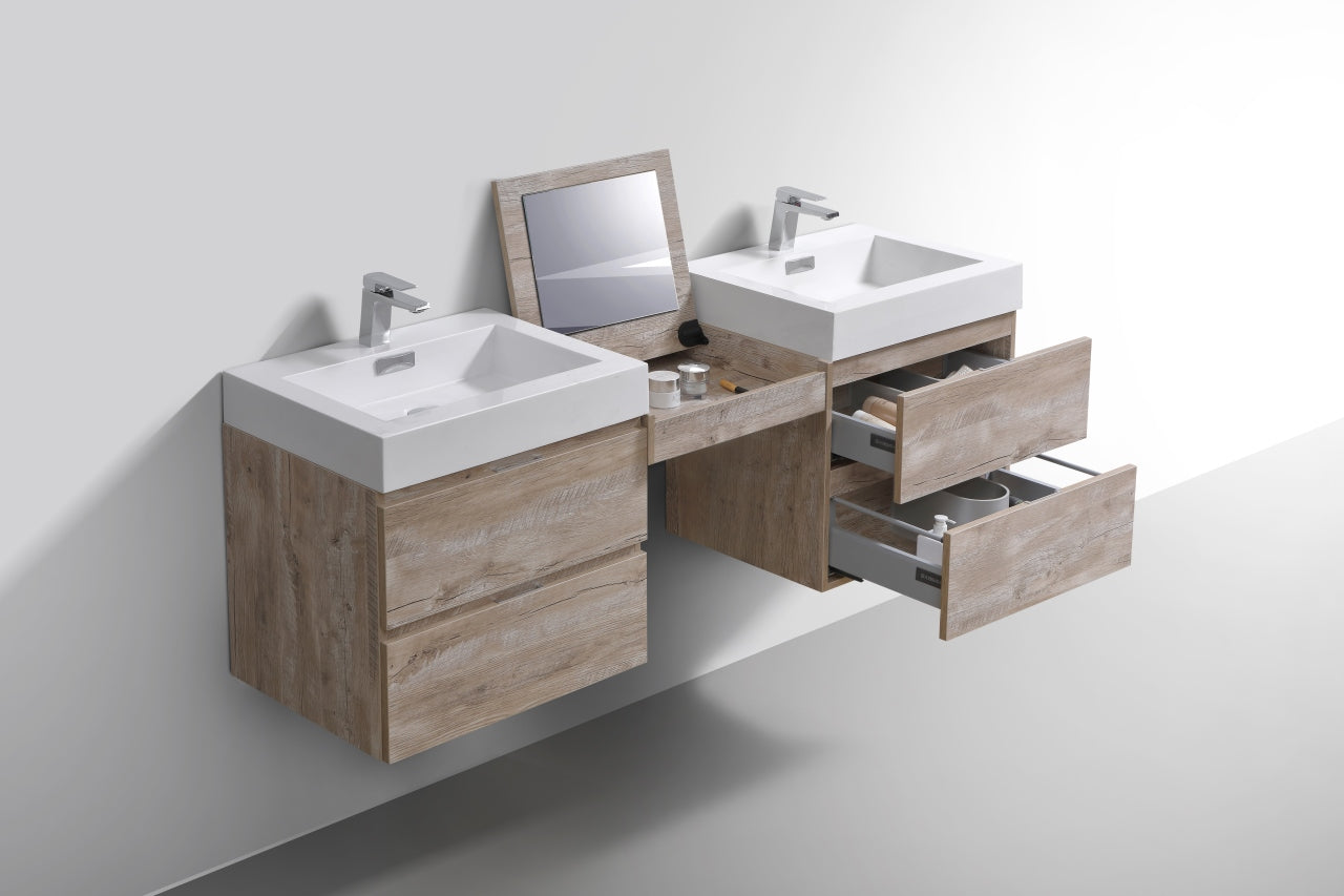 Bliss 68" Nature Wood Wall Mount Double Sink Modern Bathroom Vanity