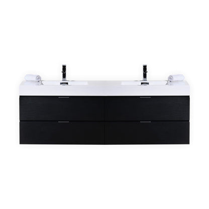 Bliss 72" Black Wood Wall Mount Double Sink Modern Bathroom Vanity