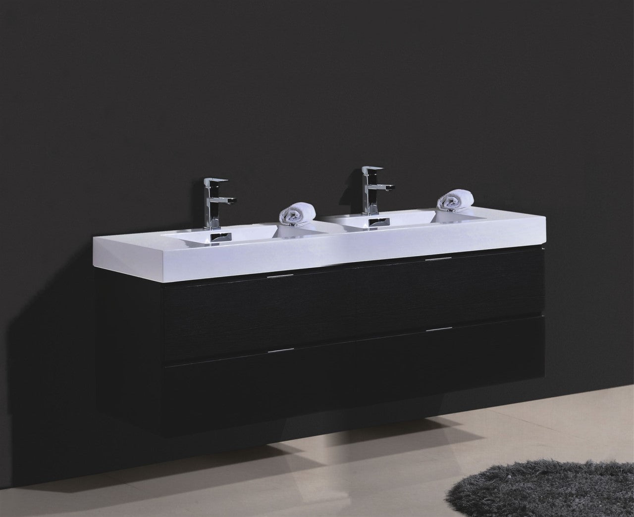 Bliss 72" Black Wood Wall Mount Double Sink Modern Bathroom Vanity