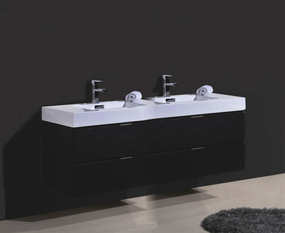 Bliss 72" Black Wood Wall Mount Double Sink Modern Bathroom Vanity