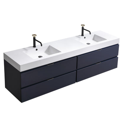 Bliss 71" Navy Blue Wood Wall Mount Double Sink Modern Bathroom Vanity