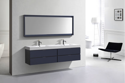 Bliss 71" Navy Blue Wood Wall Mount Double Sink Modern Bathroom Vanity