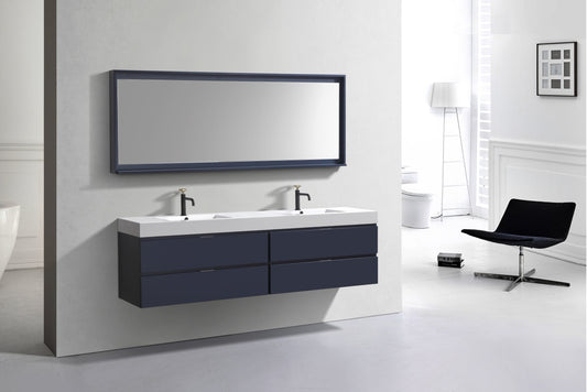Bliss 71" Navy Blue Wood Wall Mount Double Sink Modern Bathroom Vanity