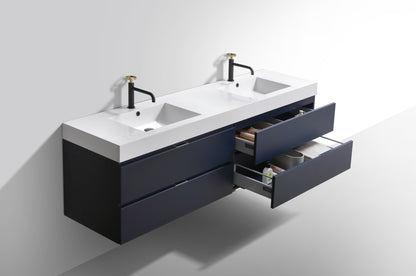 Bliss 71" Navy Blue Wood Wall Mount Double Sink Modern Bathroom Vanity