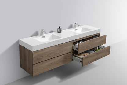 Bliss 72" Butternut Wood Wall Mount Double Sink Modern Bathroom Vanity