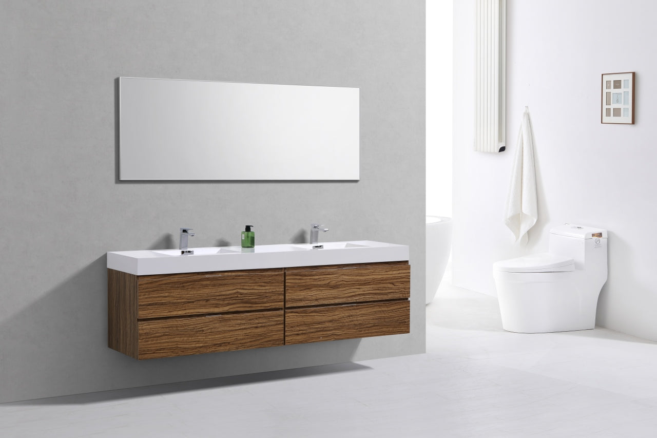 Bliss 72" High Glossy Chestnut Wood Wall Mount Double Sink Modern Bathroom Vanity