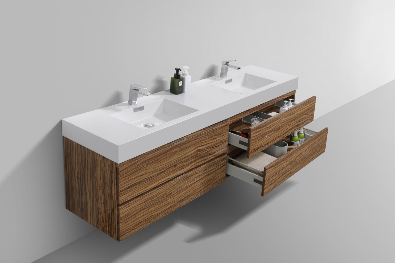 Bliss 72" High Glossy Chestnut Wood Wall Mount Double Sink Modern Bathroom Vanity