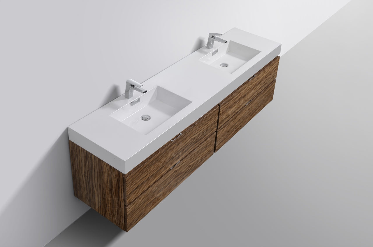 Bliss 72" High Glossy Chestnut Wood Wall Mount Double Sink Modern Bathroom Vanity