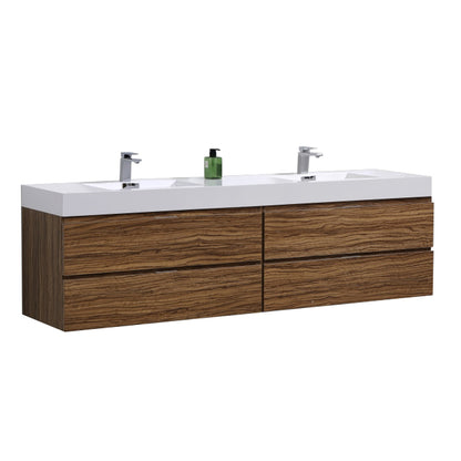 Bliss 72" High Glossy Chestnut Wood Wall Mount Double Sink Modern Bathroom Vanity