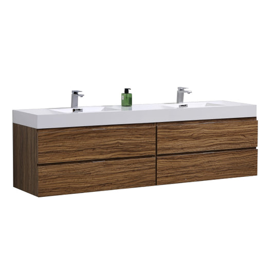 Bliss 72" High Glossy Chestnut Wood Wall Mount Double Sink Modern Bathroom Vanity