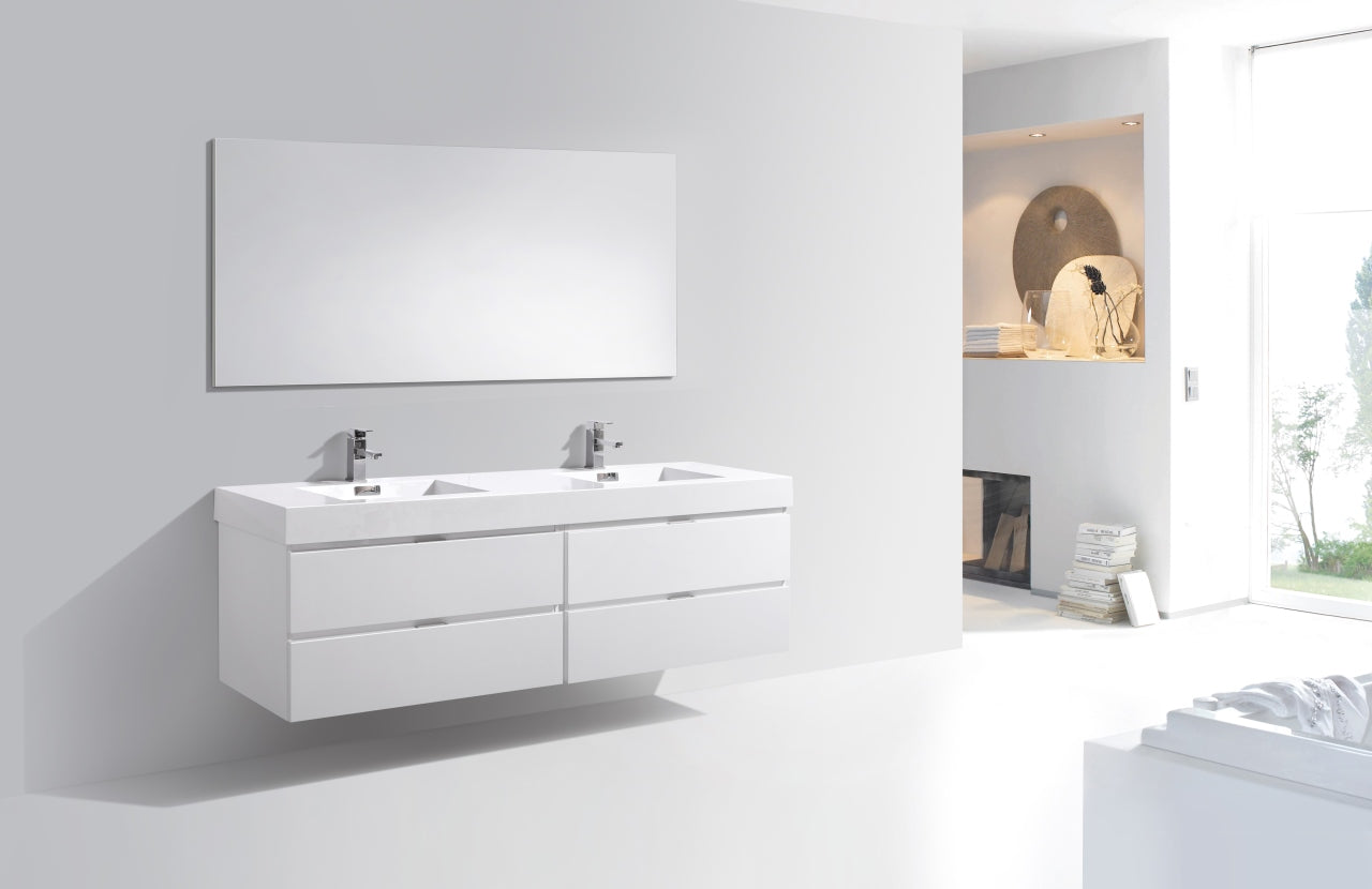Bliss 72" High Gloss White Wall Mount Double Sink Modern Bathroom Vanity