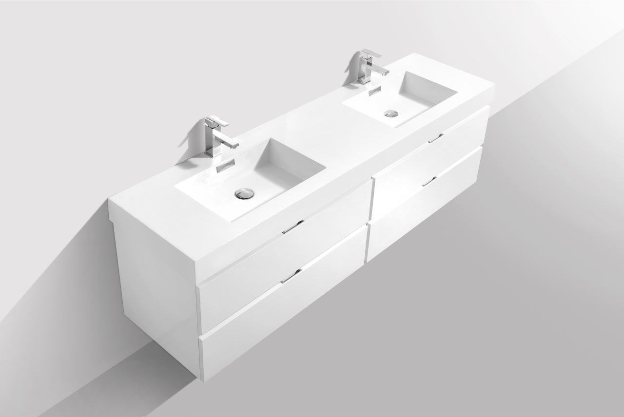 Bliss 72" High Gloss White Wall Mount Double Sink Modern Bathroom Vanity