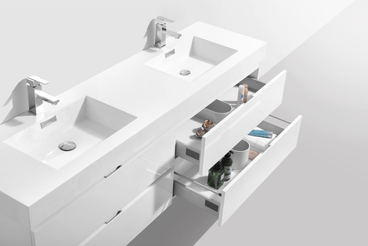 Bliss 72" High Gloss White Wall Mount Double Sink Modern Bathroom Vanity