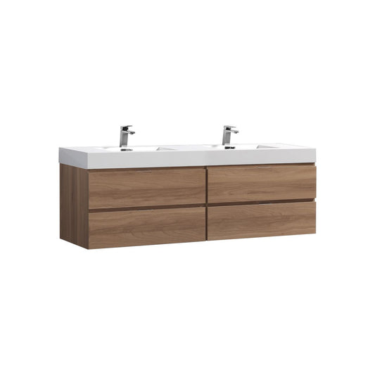 Bliss 71" Honey Oak Wood Wall Mount Double Sink Modern Bathroom Vanity