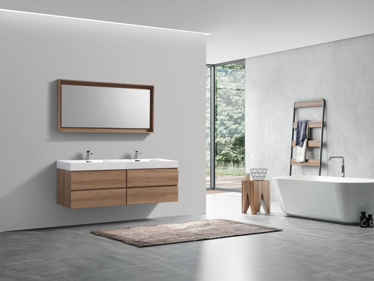 Bliss 71" Honey Oak Wood Wall Mount Double Sink Modern Bathroom Vanity