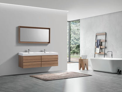 Bliss 71" Honey Oak Wood Wall Mount Double Sink Modern Bathroom Vanity- Restock ETA Mid Oct