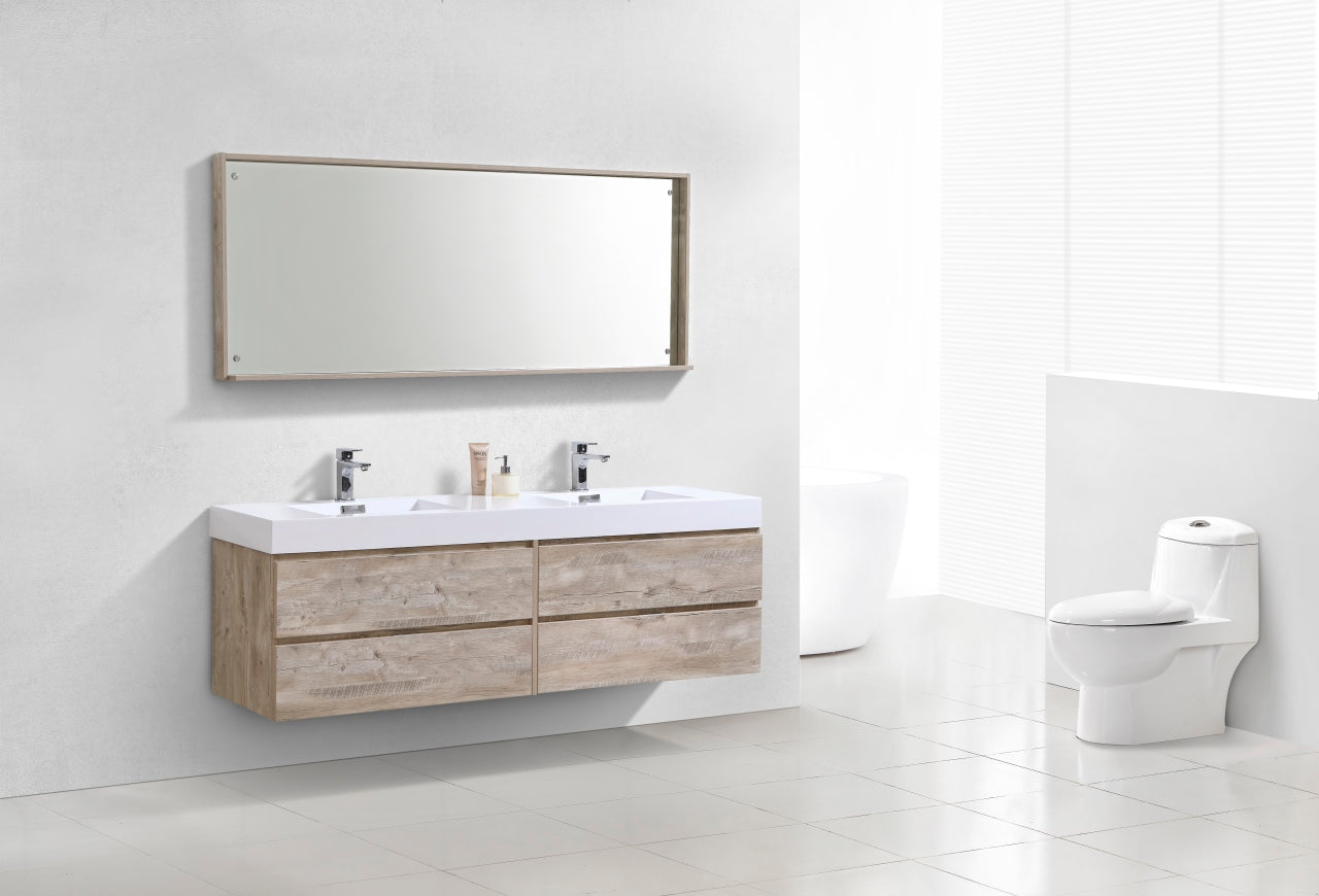 Bliss 72" Nature Wood Wall Mount Double Sink Modern Bathroom Vanity