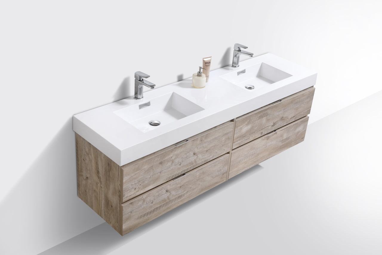 Bliss 72" Nature Wood Wall Mount Double Sink Modern Bathroom Vanity