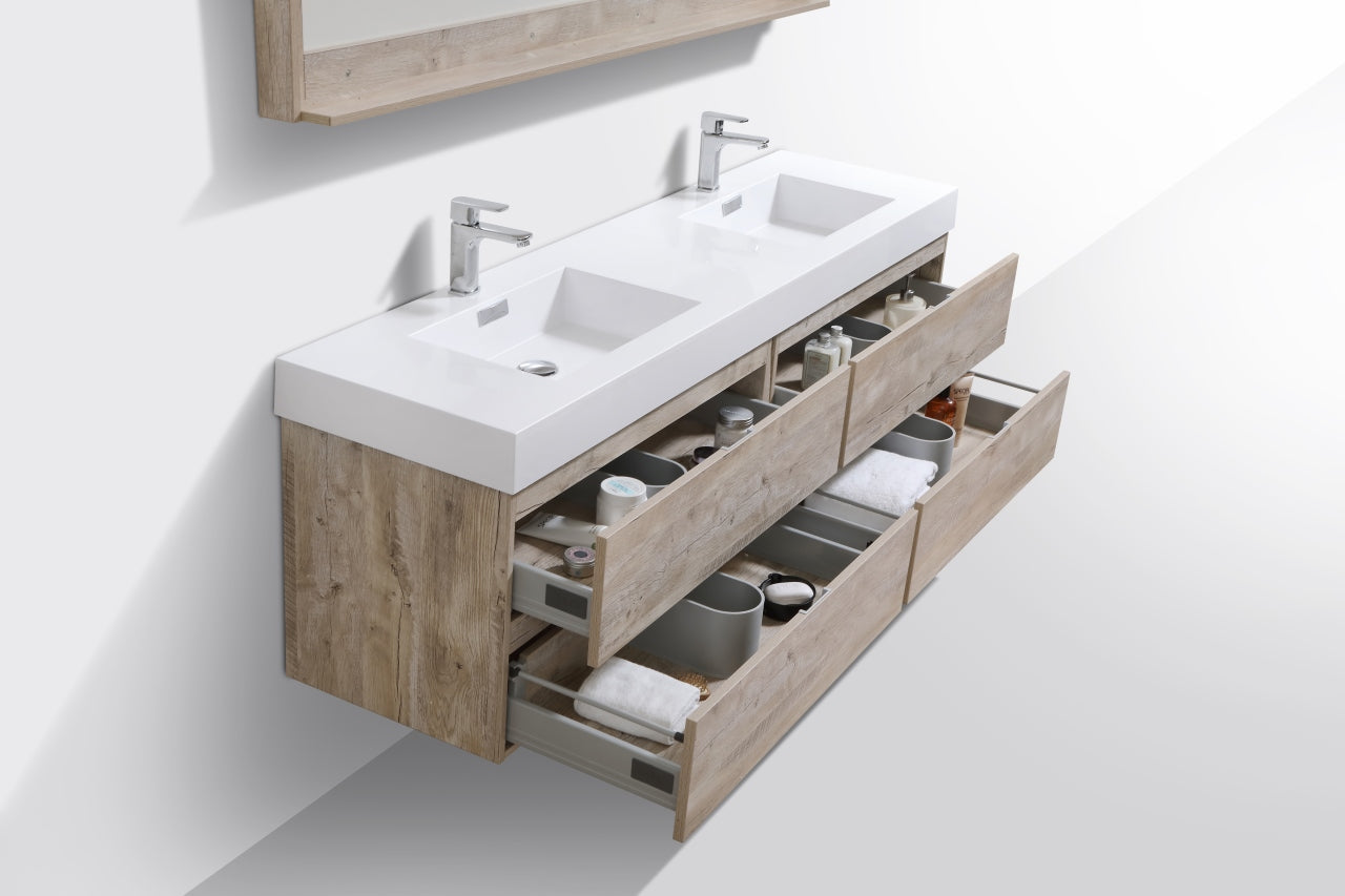Bliss 72" Nature Wood Wall Mount Double Sink Modern Bathroom Vanity