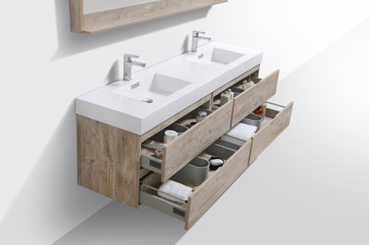 Bliss 72" Nature Wood Wall Mount Double Sink Modern Bathroom Vanity