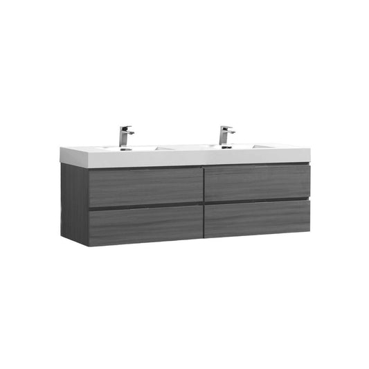 Bliss 71" Vulcan Ash Grey Wood Wall Mount Double Sink Modern Bathroom Vanity