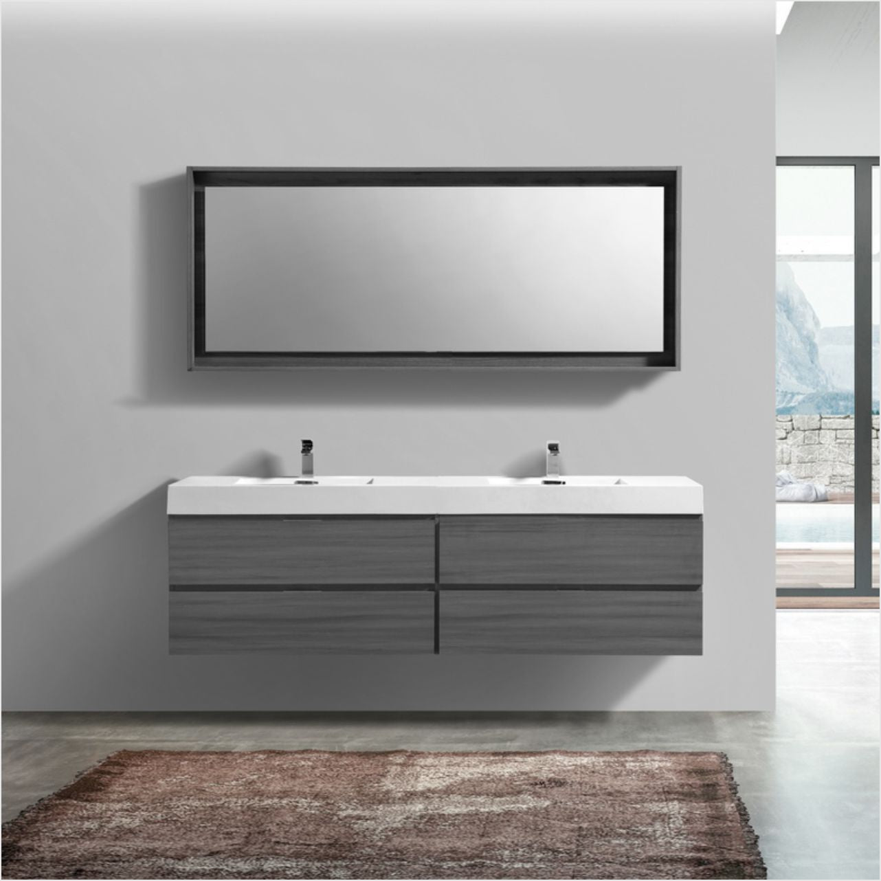 Bliss 71" Vulcan Ash Grey Wood Wall Mount Double Sink Modern Bathroom Vanity