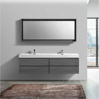 Bliss 71" Vulcan Ash Grey Wood Wall Mount Double Sink Modern Bathroom Vanity