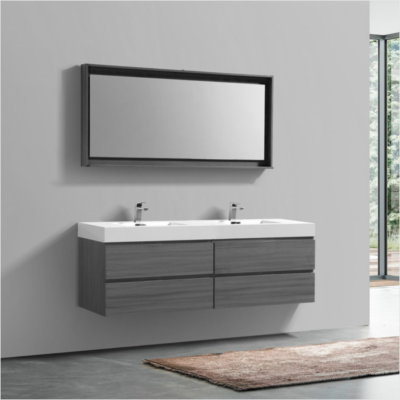 Bliss 71" Vulcan Ash Grey Wood Wall Mount Double Sink Modern Bathroom Vanity
