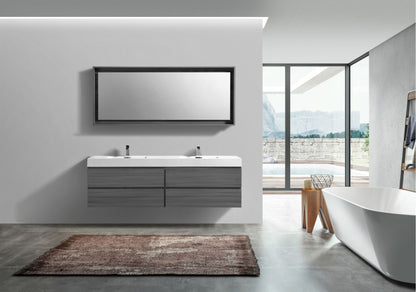Bliss 71" Vulcan Ash Grey Wood Wall Mount Double Sink Modern Bathroom Vanity