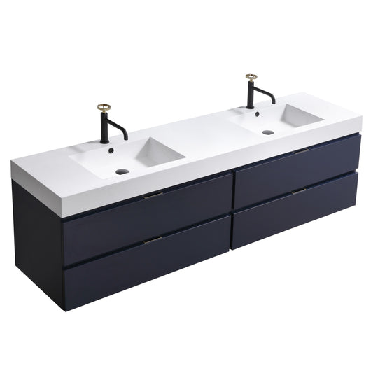 Bliss 80" Navy Blue Wood Wall Mount Double Sink Modern Bathroom Vanity